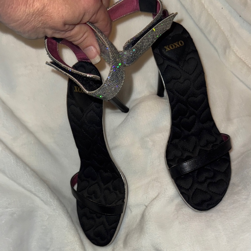 Sparkle & Sass: XOXO Black Rhinestone Ankle Strap Heels, Size 8